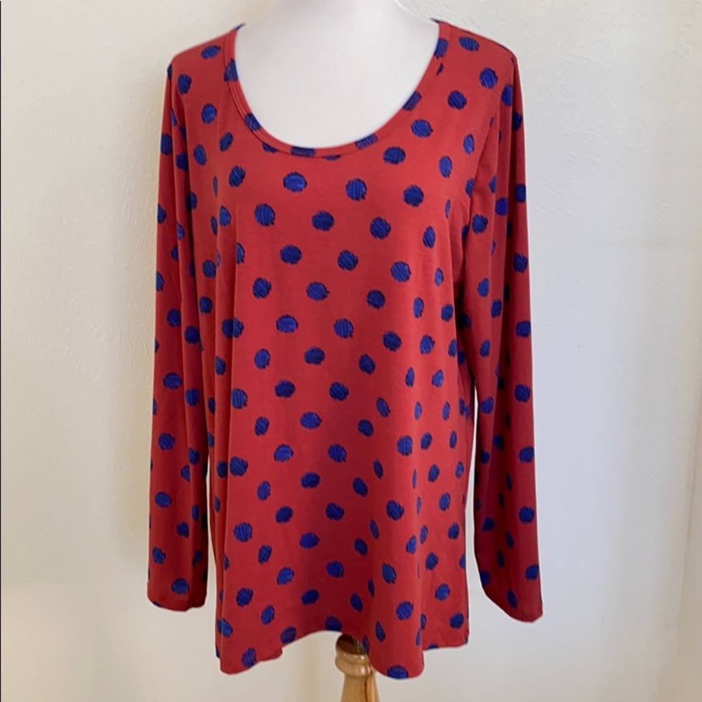LuLaRoe Lynnae Top 3XL 24-26 Coral Blue Polka Dot Long Sleeve High Low